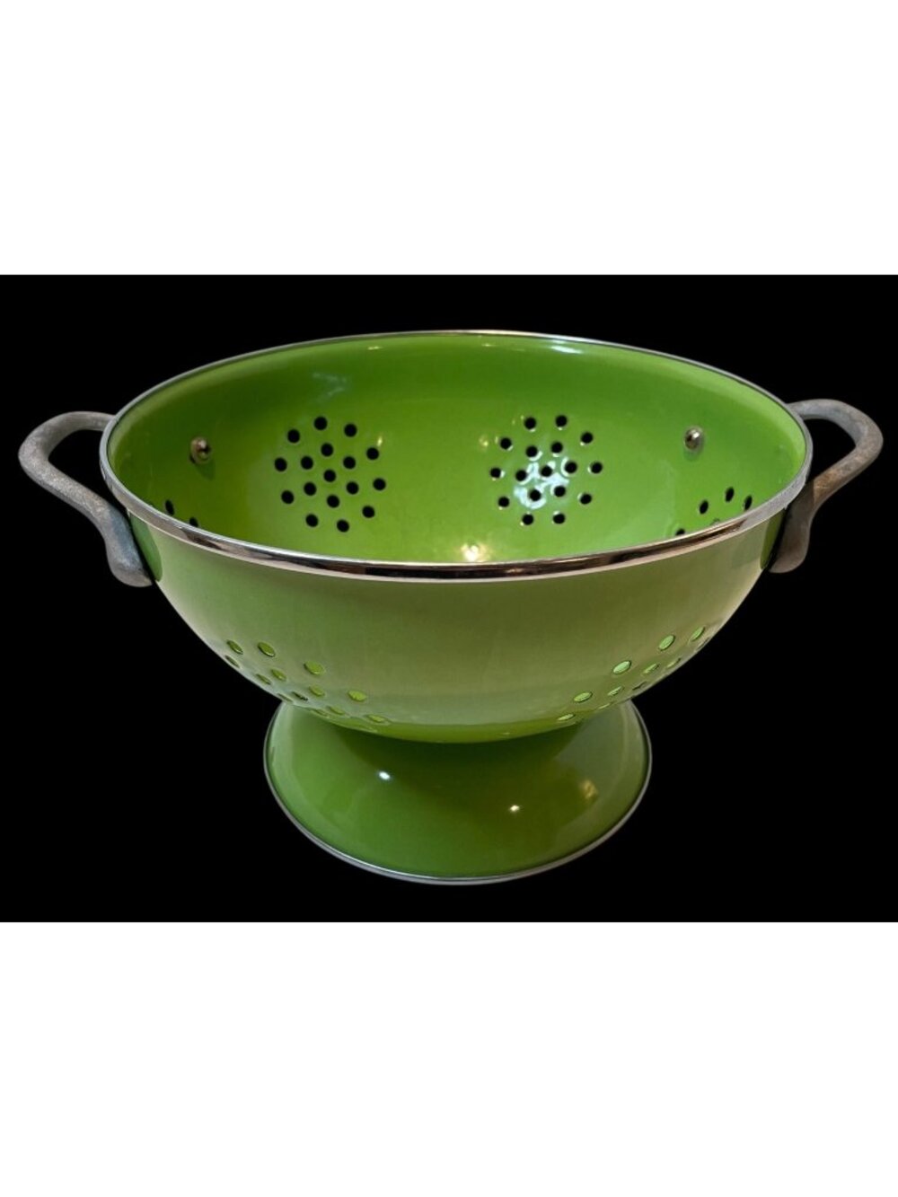 Vintage Green Enamel Metal Colander With Handles & Footed Base Kitchen Strainer